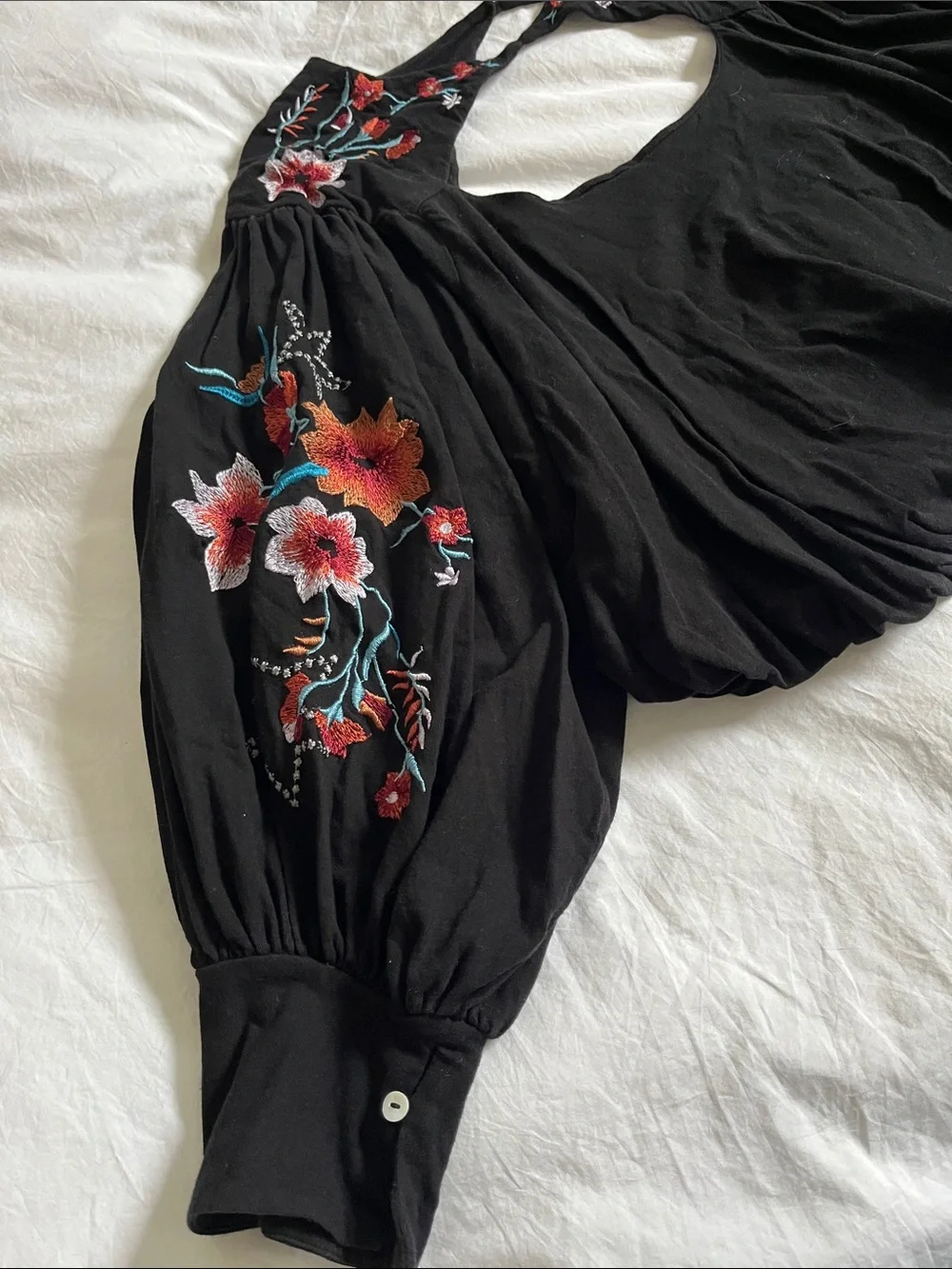 Free People black Lita Cutout Blouse Floral Embroidered Pullover Oversized linen